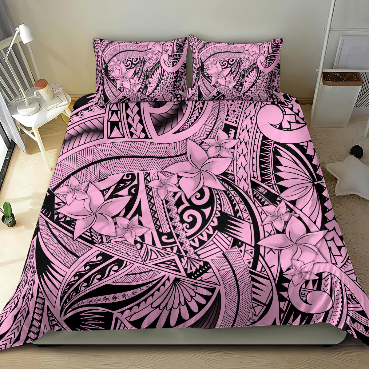 Polynesia Bedding Set Tribal Polynesian Spirit With Pink Pacific Flowers LT9 - Wonder Print Shop