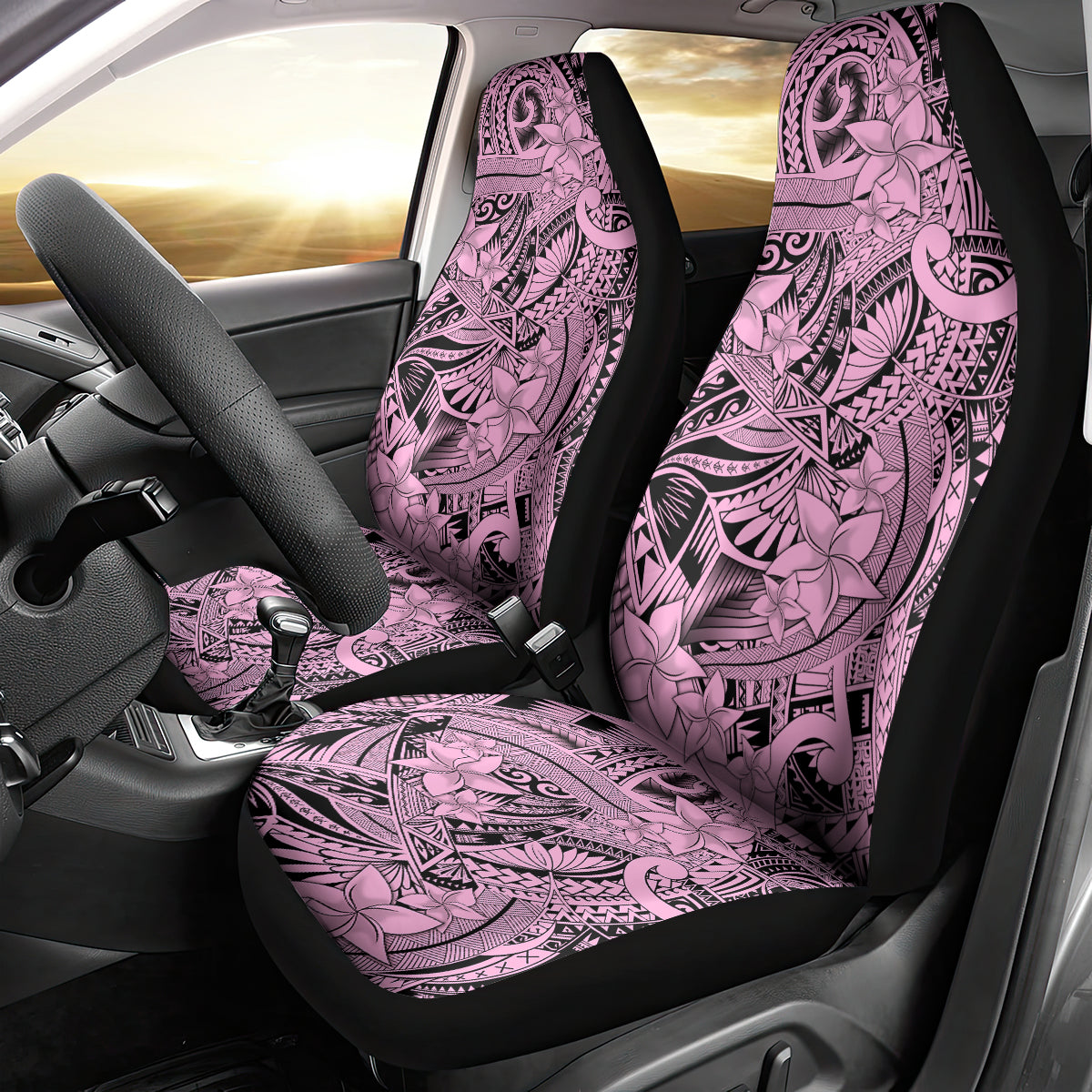 Polynesia Car Seat Cover Tribal Polynesian Spirit With Pink Pacific Flowers LT9 - Wonder Print Shop