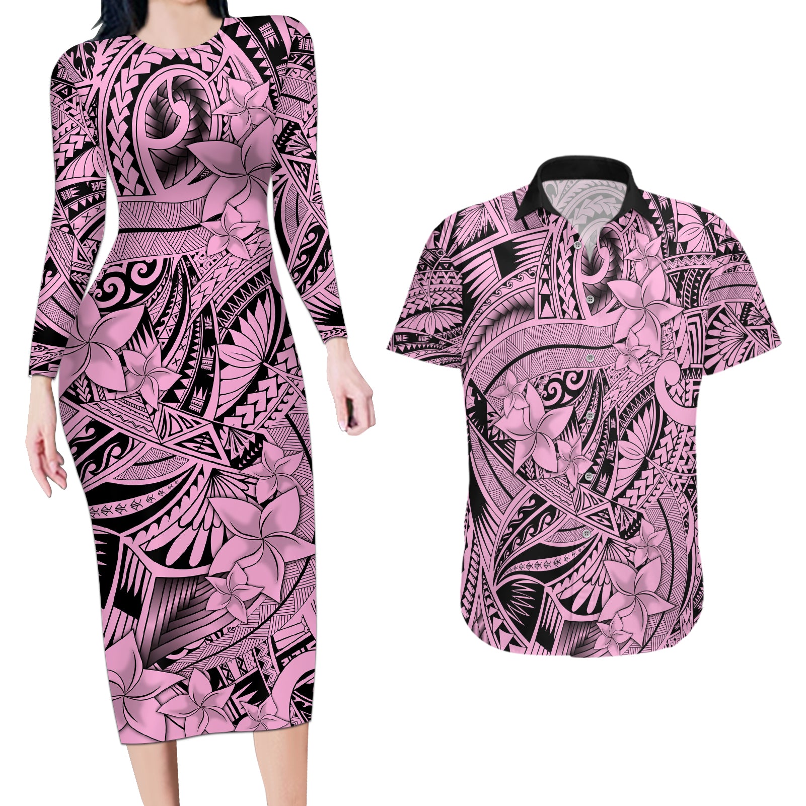 Polynesia Couples Matching Long Sleeve Bodycon Dress and Hawaiian Shirt Tribal Polynesian Spirit With Pink Pacific Flowers LT9 - Wonder Print Shop