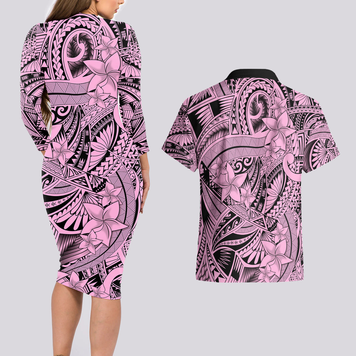 Polynesia Couples Matching Long Sleeve Bodycon Dress and Hawaiian Shirt Tribal Polynesian Spirit With Pink Pacific Flowers LT9 - Wonder Print Shop