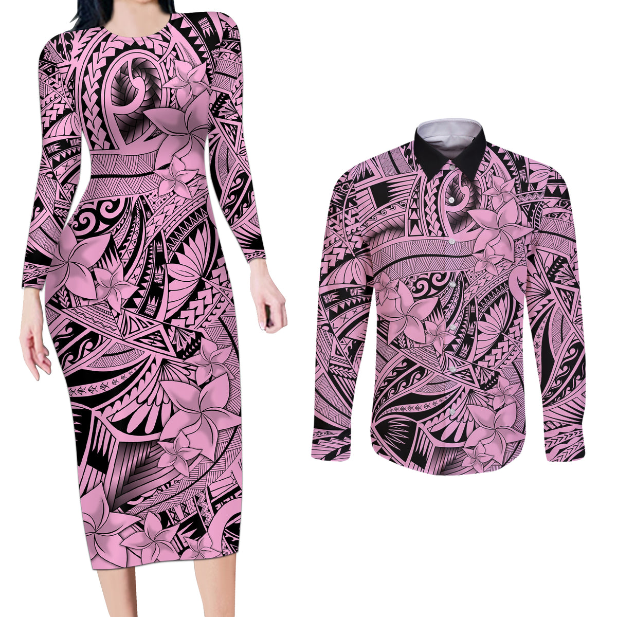 Polynesia Couples Matching Long Sleeve Bodycon Dress and Long Sleeve Button Shirt Tribal Polynesian Spirit With Pink Pacific Flowers LT9 - Wonder Print Shop