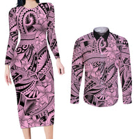 Polynesia Couples Matching Long Sleeve Bodycon Dress and Long Sleeve Button Shirt Tribal Polynesian Spirit With Pink Pacific Flowers LT9 - Wonder Print Shop