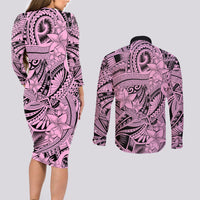 Polynesia Couples Matching Long Sleeve Bodycon Dress and Long Sleeve Button Shirt Tribal Polynesian Spirit With Pink Pacific Flowers LT9 - Wonder Print Shop