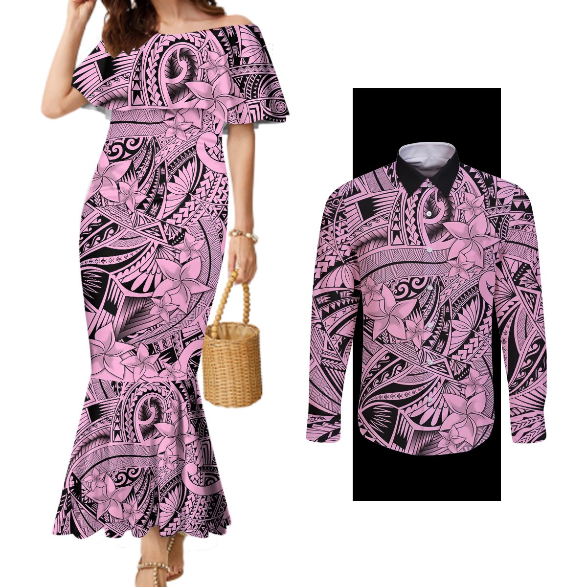 polynesia-couples-matching-mermaid-dress-and-long-sleeve-button-shirt-tribal-polynesian-spirit-with-pink-pacific-flowers
