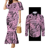 polynesia-couples-matching-mermaid-dress-and-long-sleeve-button-shirt-tribal-polynesian-spirit-with-pink-pacific-flowers