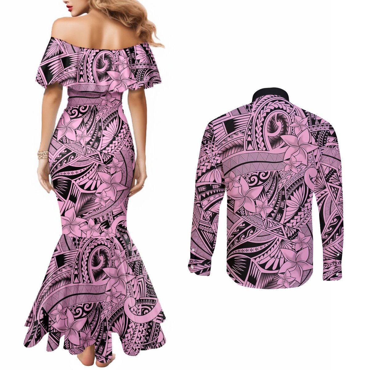 polynesia-couples-matching-mermaid-dress-and-long-sleeve-button-shirt-tribal-polynesian-spirit-with-pink-pacific-flowers