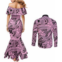 polynesia-couples-matching-mermaid-dress-and-long-sleeve-button-shirt-tribal-polynesian-spirit-with-pink-pacific-flowers