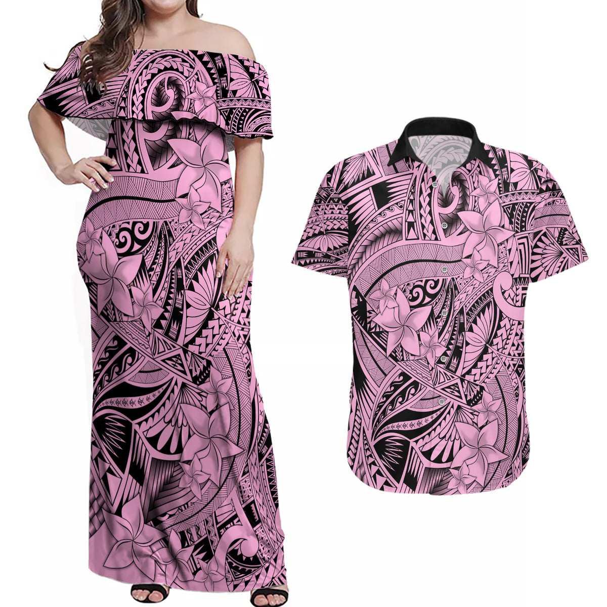 Polynesia Couples Matching Off Shoulder Maxi Dress and Hawaiian Shirt Tribal Polynesian Spirit With Pink Pacific Flowers LT9 - Wonder Print Shop