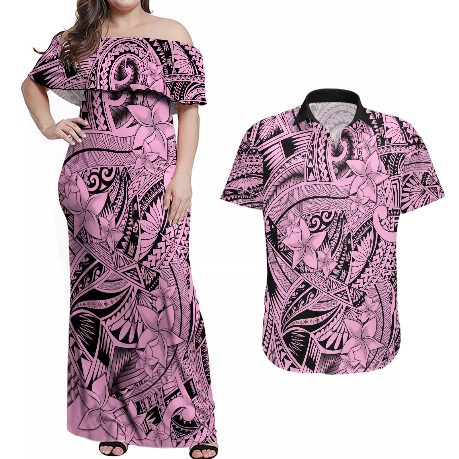 Polynesia Couples Matching Off Shoulder Maxi Dress and Hawaiian Shirt Tribal Polynesian Spirit With Pink Pacific Flowers LT9 - Wonder Print Shop