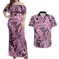 Polynesia Couples Matching Off Shoulder Maxi Dress and Hawaiian Shirt Tribal Polynesian Spirit With Pink Pacific Flowers LT9 - Wonder Print Shop