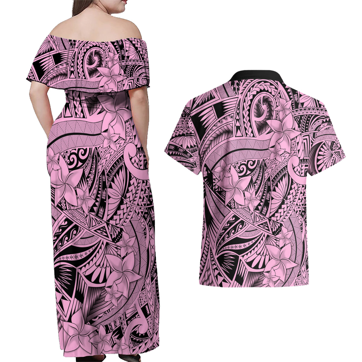 Polynesia Couples Matching Off Shoulder Maxi Dress and Hawaiian Shirt Tribal Polynesian Spirit With Pink Pacific Flowers LT9 - Wonder Print Shop