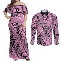 Polynesia Couples Matching Off Shoulder Maxi Dress and Long Sleeve Button Shirt Tribal Polynesian Spirit With Pink Pacific Flowers LT9 - Wonder Print Shop