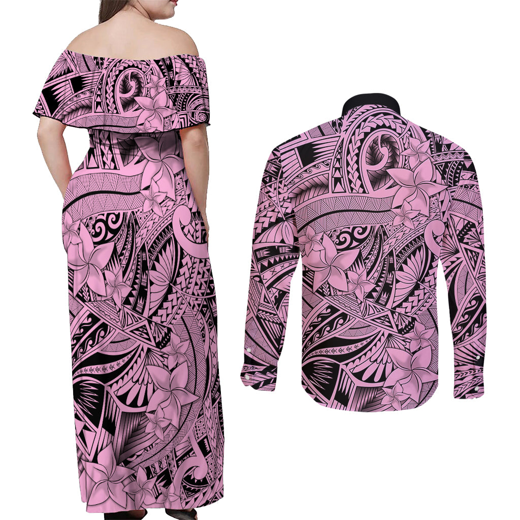 Polynesia Couples Matching Off Shoulder Maxi Dress and Long Sleeve Button Shirt Tribal Polynesian Spirit With Pink Pacific Flowers LT9 - Wonder Print Shop