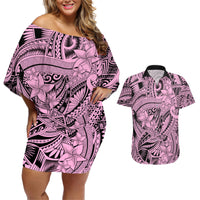 Polynesia Couples Matching Off Shoulder Short Dress and Hawaiian Shirt Tribal Polynesian Spirit With Pink Pacific Flowers LT9 - Wonder Print Shop