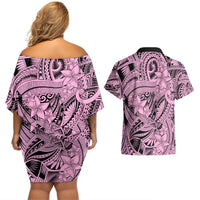 Polynesia Couples Matching Off Shoulder Short Dress and Hawaiian Shirt Tribal Polynesian Spirit With Pink Pacific Flowers LT9 - Wonder Print Shop