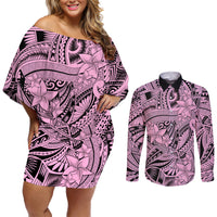 Polynesia Couples Matching Off Shoulder Short Dress and Long Sleeve Button Shirt Tribal Polynesian Spirit With Pink Pacific Flowers LT9 - Wonder Print Shop