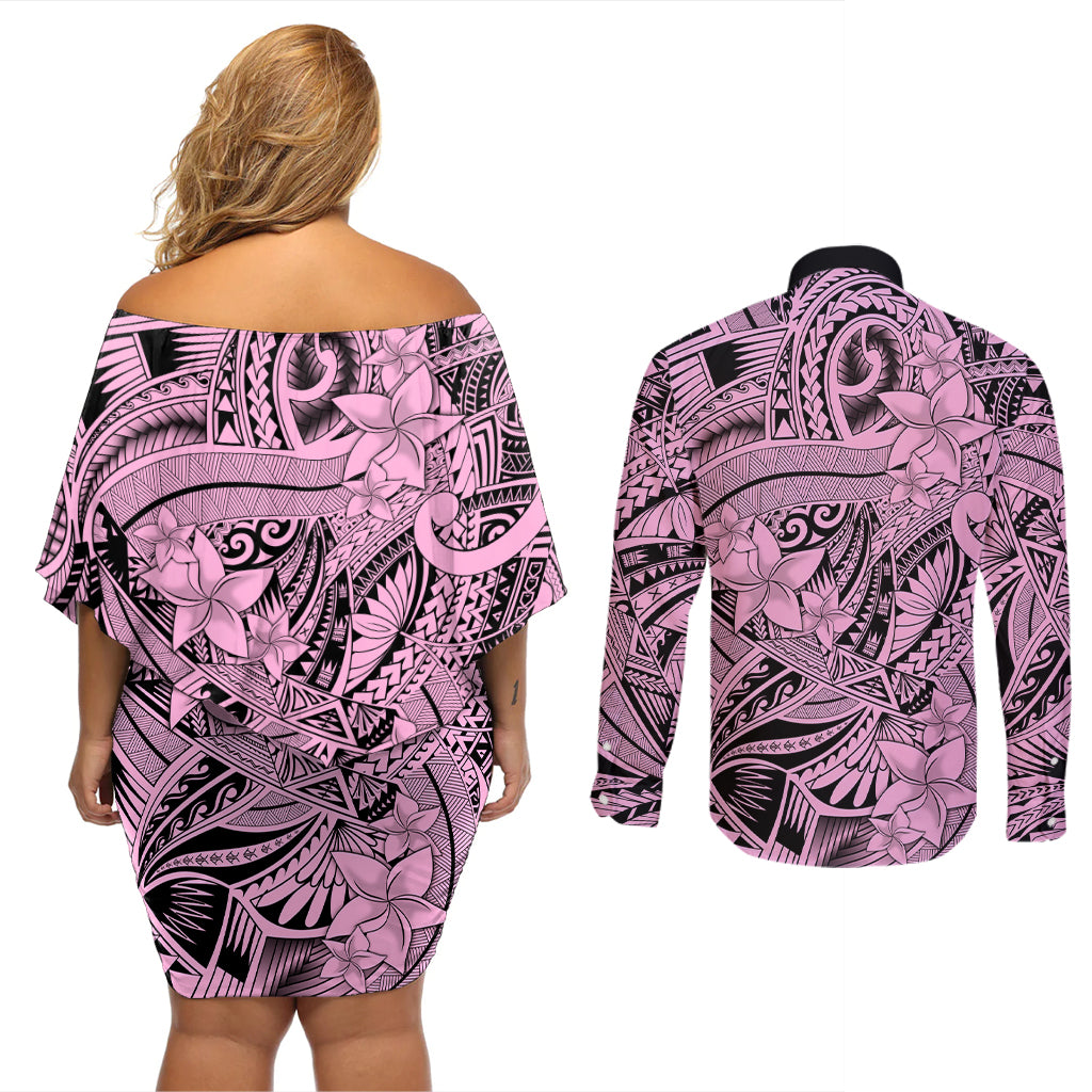 Polynesia Couples Matching Off Shoulder Short Dress and Long Sleeve Button Shirt Tribal Polynesian Spirit With Pink Pacific Flowers LT9 - Wonder Print Shop