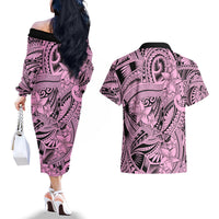 Polynesia Couples Matching Off The Shoulder Long Sleeve Dress and Hawaiian Shirt Tribal Polynesian Spirit With Pink Pacific Flowers LT9 - Wonder Print Shop