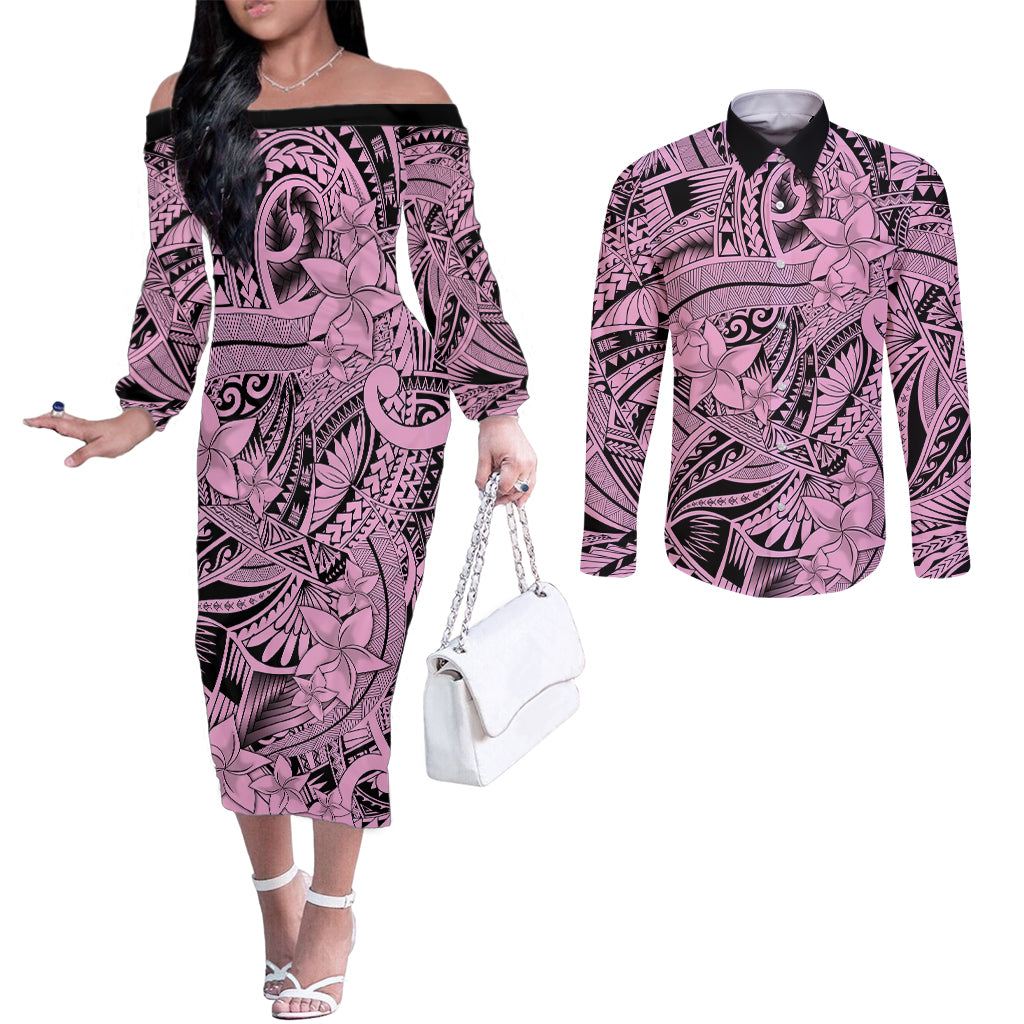 polynesia-couples-matching-off-the-shoulder-long-sleeve-dress-and-long-sleeve-button-shirt-tribal-polynesian-spirit-with-pink-pacific-flowers