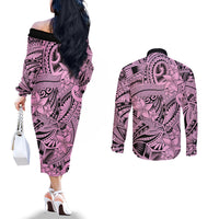 polynesia-couples-matching-off-the-shoulder-long-sleeve-dress-and-long-sleeve-button-shirt-tribal-polynesian-spirit-with-pink-pacific-flowers