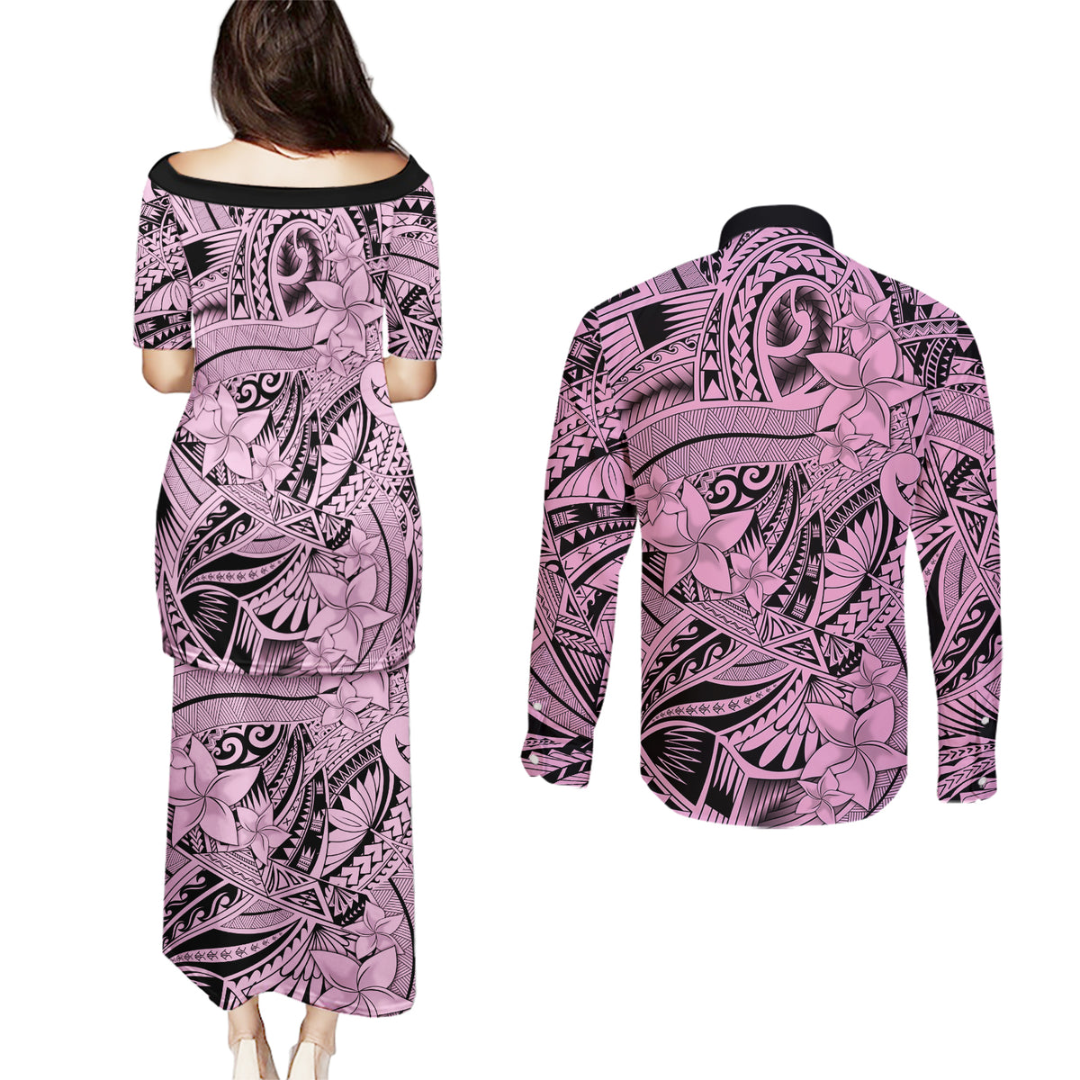 Polynesia Couples Matching Puletasi Dress and Long Sleeve Button Shirt Tribal Polynesian Spirit With Pink Pacific Flowers LT9 - Wonder Print Shop