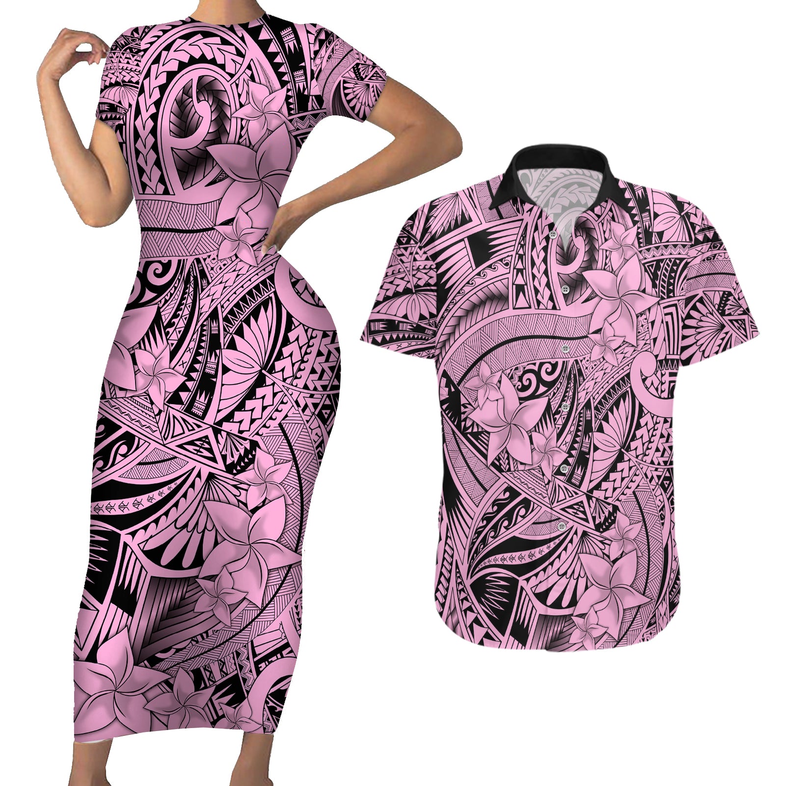 Polynesia Couples Matching Short Sleeve Bodycon Dress and Hawaiian Shirt Tribal Polynesian Spirit With Pink Pacific Flowers LT9 - Wonder Print Shop
