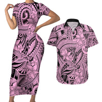Polynesia Couples Matching Short Sleeve Bodycon Dress and Hawaiian Shirt Tribal Polynesian Spirit With Pink Pacific Flowers LT9 - Wonder Print Shop