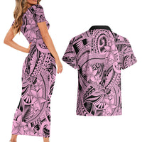 Polynesia Couples Matching Short Sleeve Bodycon Dress and Hawaiian Shirt Tribal Polynesian Spirit With Pink Pacific Flowers LT9 - Wonder Print Shop