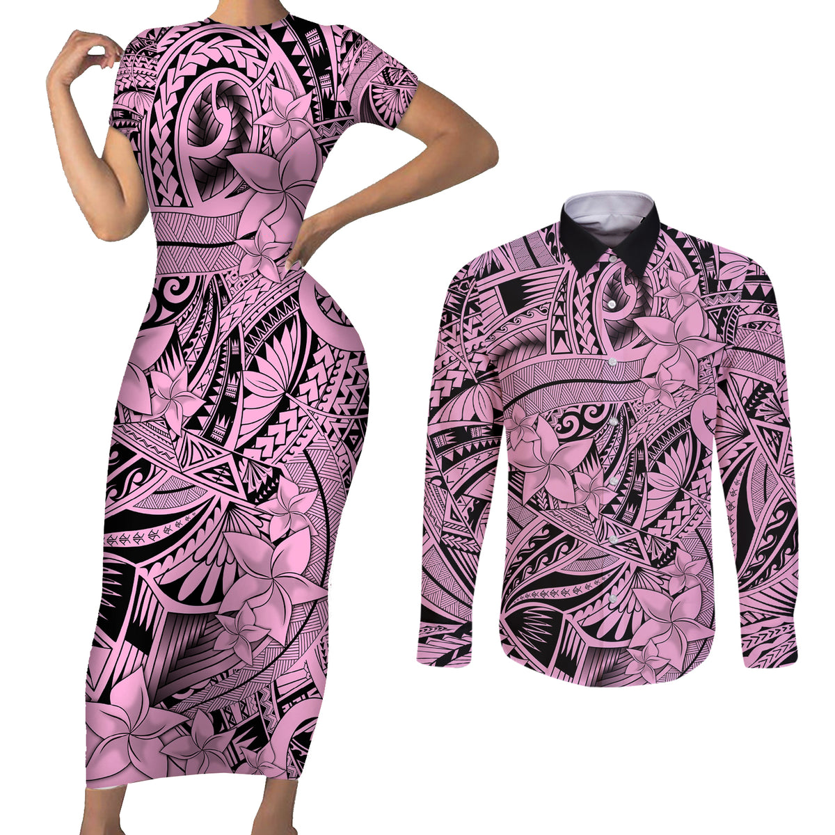 Polynesia Couples Matching Short Sleeve Bodycon Dress and Long Sleeve Button Shirt Tribal Polynesian Spirit With Pink Pacific Flowers LT9 - Wonder Print Shop
