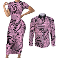Polynesia Couples Matching Short Sleeve Bodycon Dress and Long Sleeve Button Shirt Tribal Polynesian Spirit With Pink Pacific Flowers LT9 - Wonder Print Shop