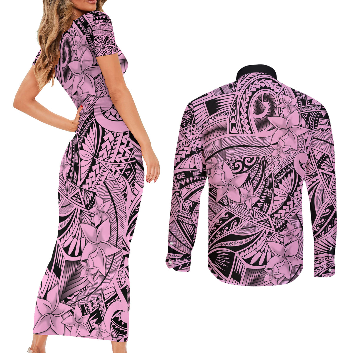 Polynesia Couples Matching Short Sleeve Bodycon Dress and Long Sleeve Button Shirt Tribal Polynesian Spirit With Pink Pacific Flowers LT9 - Wonder Print Shop