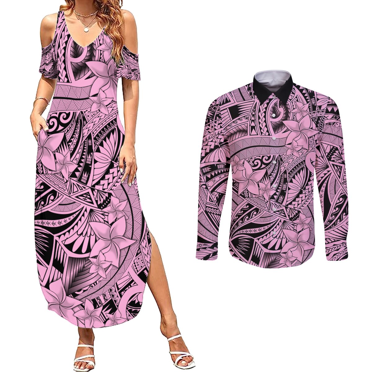 Polynesia Couples Matching Summer Maxi Dress and Long Sleeve Button Shirt Tribal Polynesian Spirit With Pink Pacific Flowers LT9 - Wonder Print Shop