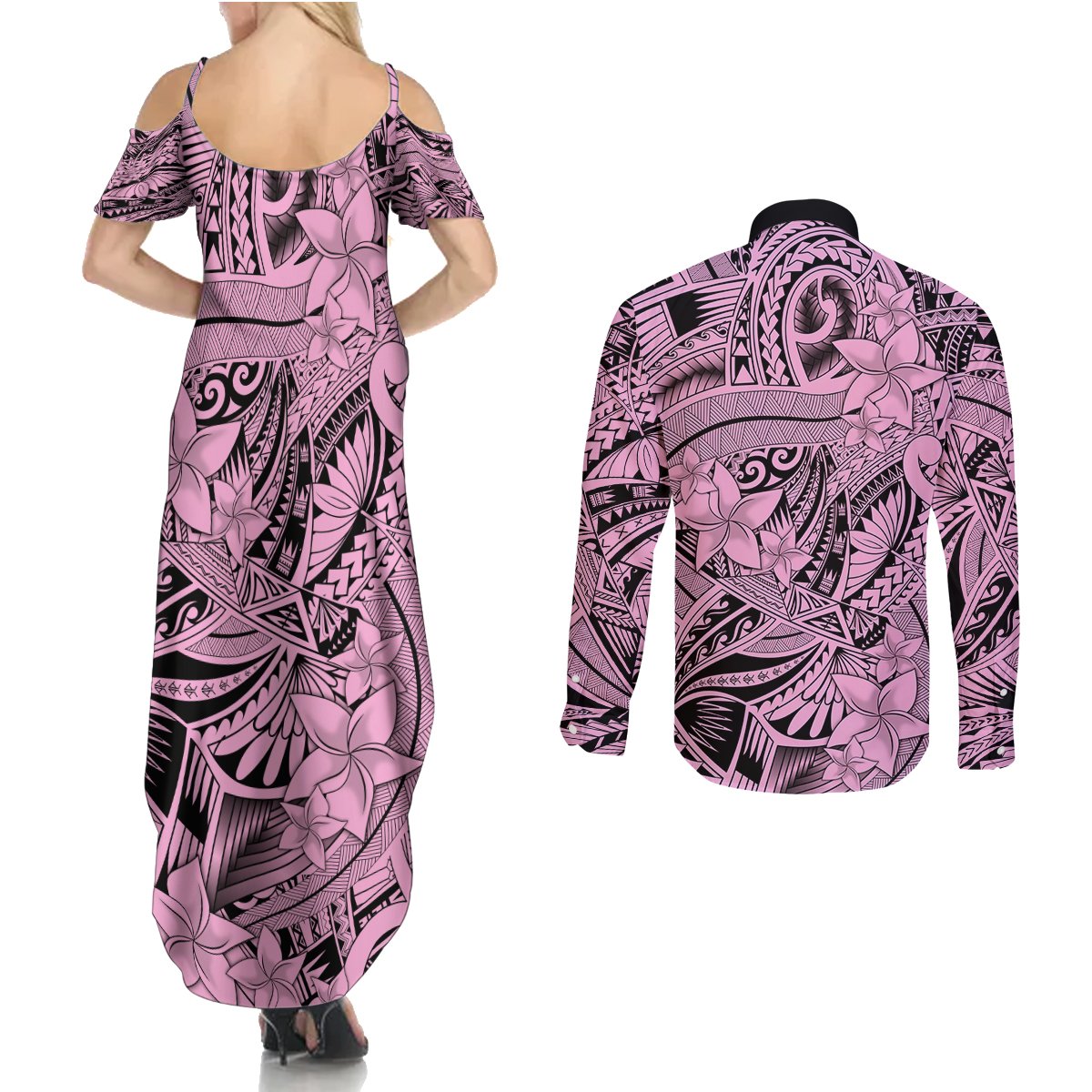 Polynesia Couples Matching Summer Maxi Dress and Long Sleeve Button Shirt Tribal Polynesian Spirit With Pink Pacific Flowers LT9 - Wonder Print Shop