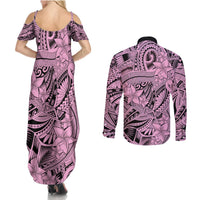 Polynesia Couples Matching Summer Maxi Dress and Long Sleeve Button Shirt Tribal Polynesian Spirit With Pink Pacific Flowers LT9 - Wonder Print Shop