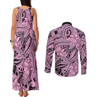 Polynesia Couples Matching Tank Maxi Dress and Long Sleeve Button Shirt Tribal Polynesian Spirit With Pink Pacific Flowers LT9 - Wonder Print Shop