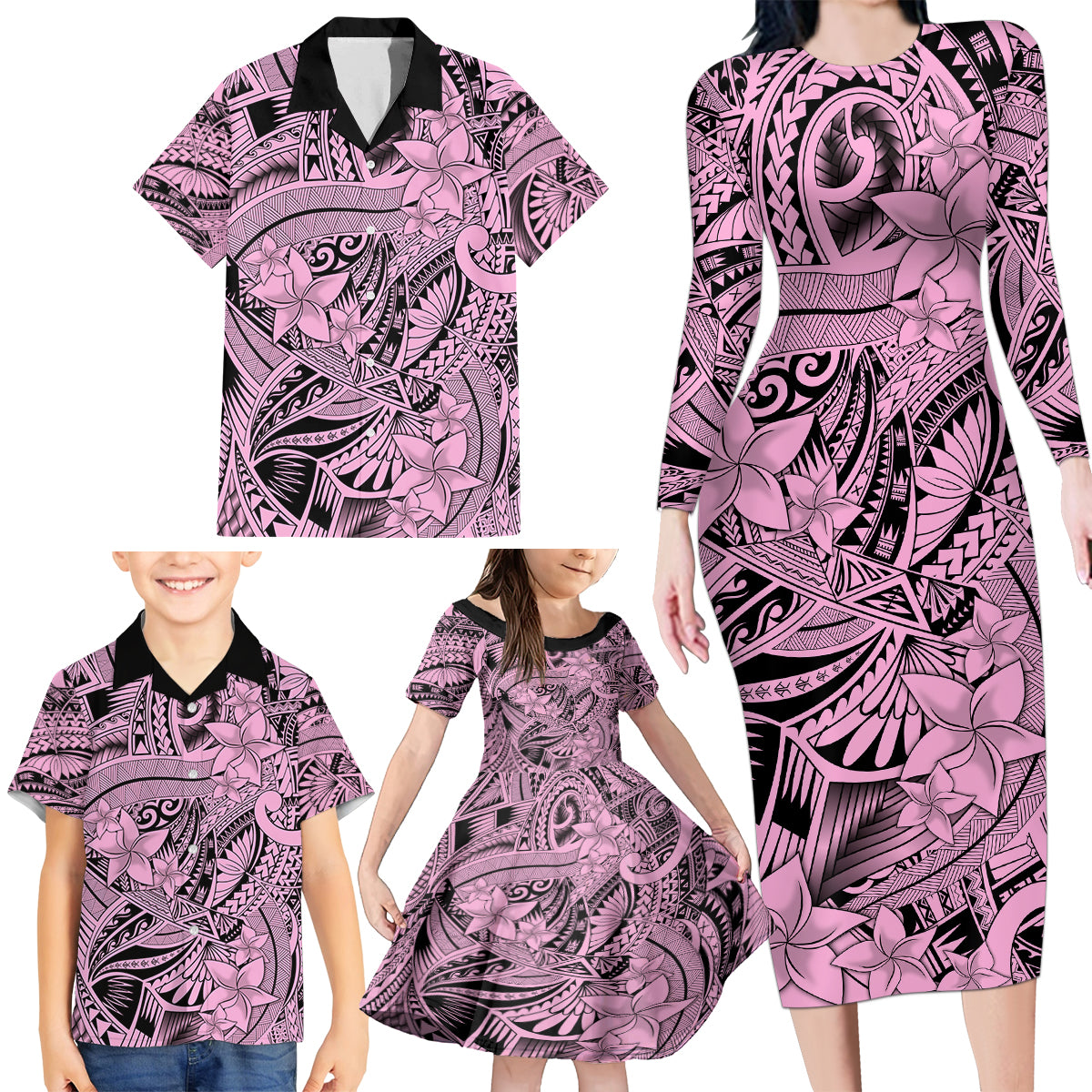 Polynesia Family Matching Long Sleeve Bodycon Dress and Hawaiian Shirt Tribal Polynesian Spirit With Pink Pacific Flowers LT9 - Wonder Print Shop