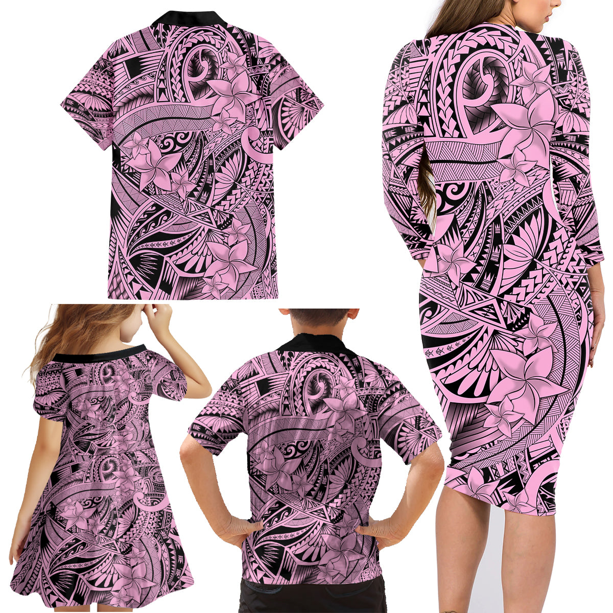 Polynesia Family Matching Long Sleeve Bodycon Dress and Hawaiian Shirt Tribal Polynesian Spirit With Pink Pacific Flowers LT9 - Wonder Print Shop