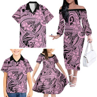 Polynesia Family Matching Off Shoulder Long Sleeve Dress and Hawaiian Shirt Tribal Polynesian Spirit With Pink Pacific Flowers - Wonder Print Shop