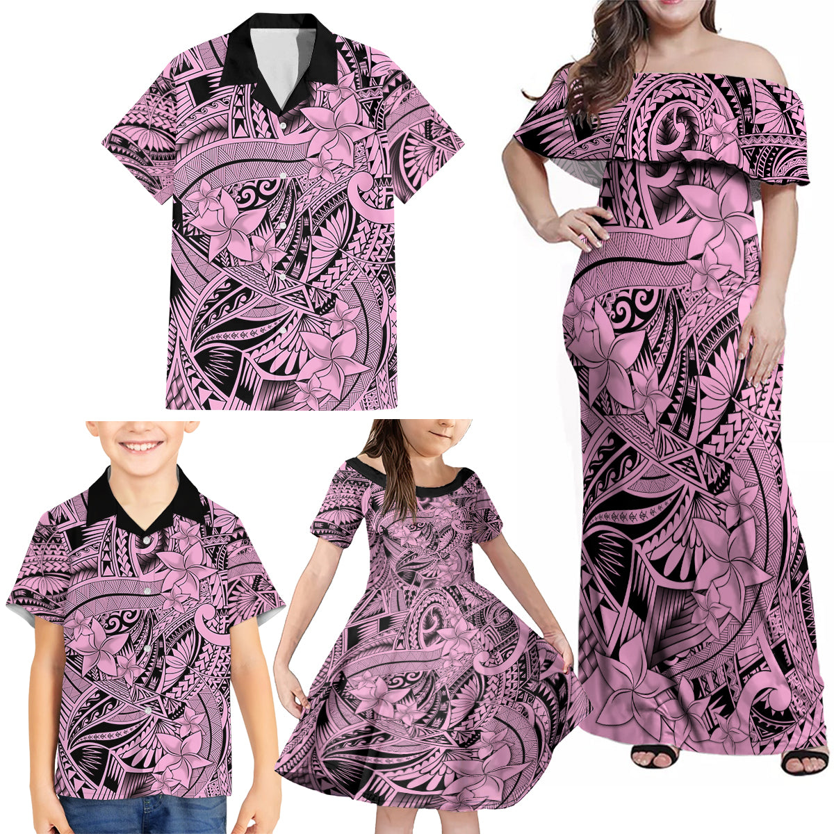 Polynesia Family Matching Off Shoulder Maxi Dress and Hawaiian Shirt Tribal Polynesian Spirit With Pink Pacific Flowers LT9 - Wonder Print Shop