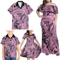 Polynesia Family Matching Off Shoulder Maxi Dress and Hawaiian Shirt Tribal Polynesian Spirit With Pink Pacific Flowers LT9 - Wonder Print Shop