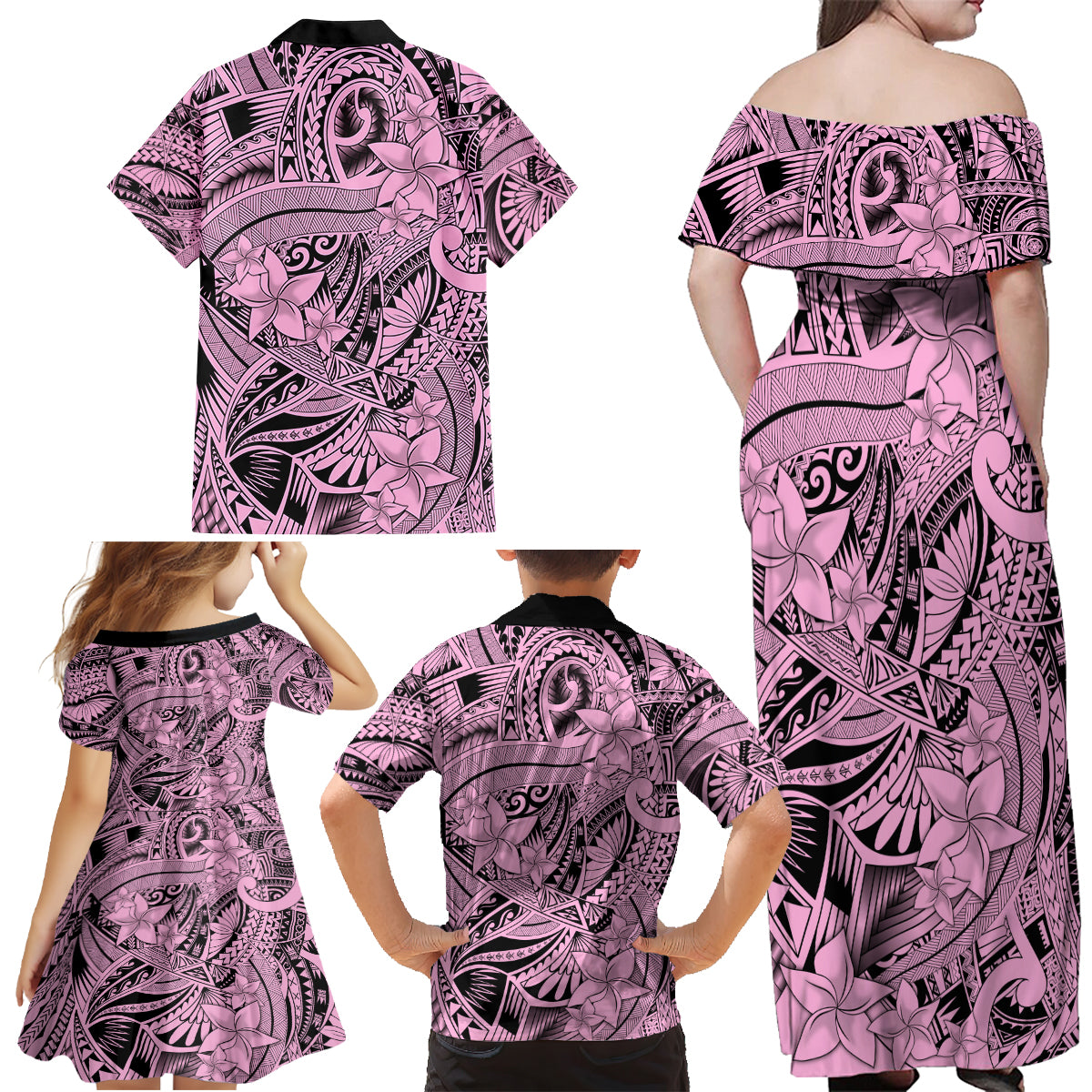 Polynesia Family Matching Off Shoulder Maxi Dress and Hawaiian Shirt Tribal Polynesian Spirit With Pink Pacific Flowers LT9 - Wonder Print Shop