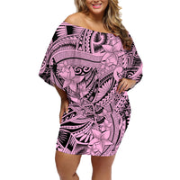 Polynesia Family Matching Off Shoulder Short Dress and Hawaiian Shirt Tribal Polynesian Spirit With Pink Pacific Flowers LT9 - Wonder Print Shop