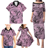 Polynesia Family Matching Puletasi Dress and Hawaiian Shirt Tribal Polynesian Spirit With Pink Pacific Flowers - Wonder Print Shop