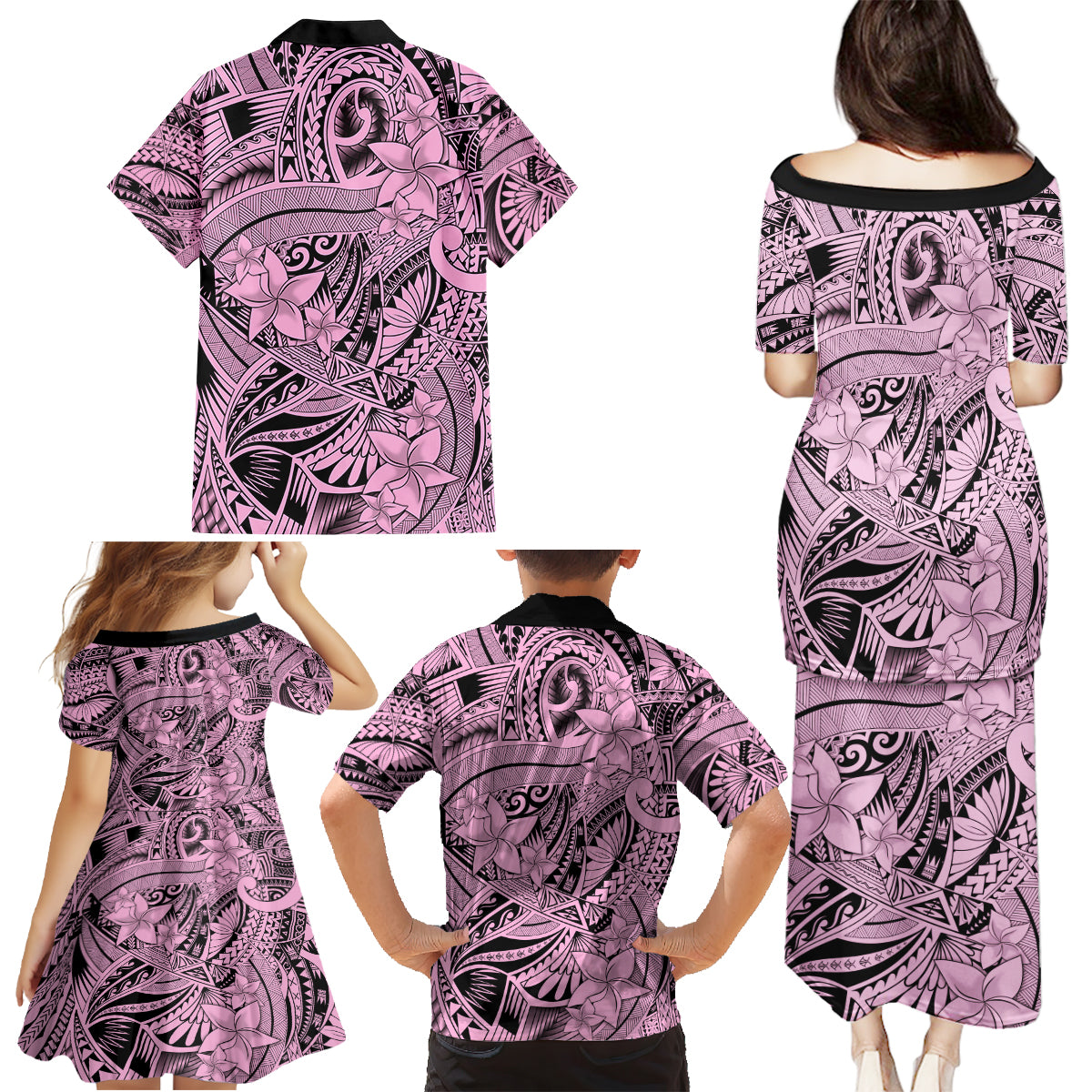 Polynesia Family Matching Puletasi Dress and Hawaiian Shirt Tribal Polynesian Spirit With Pink Pacific Flowers - Wonder Print Shop