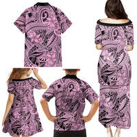 Polynesia Family Matching Puletasi Dress and Hawaiian Shirt Tribal Polynesian Spirit With Pink Pacific Flowers - Wonder Print Shop