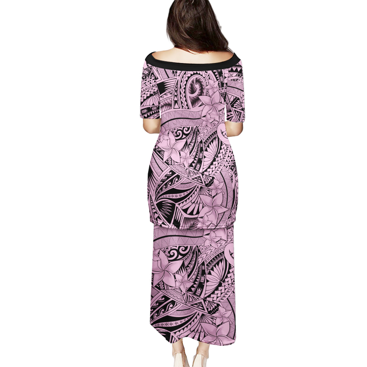 Polynesia Family Matching Puletasi Dress and Hawaiian Shirt Tribal Polynesian Spirit With Pink Pacific Flowers - Wonder Print Shop