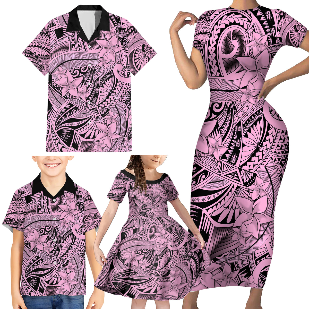 Polynesia Family Matching Short Sleeve Bodycon Dress and Hawaiian Shirt Tribal Polynesian Spirit With Pink Pacific Flowers - Wonder Print Shop