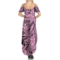 Polynesia Family Matching Summer Maxi Dress and Hawaiian Shirt Tribal Polynesian Spirit With Pink Pacific Flowers - Wonder Print Shop