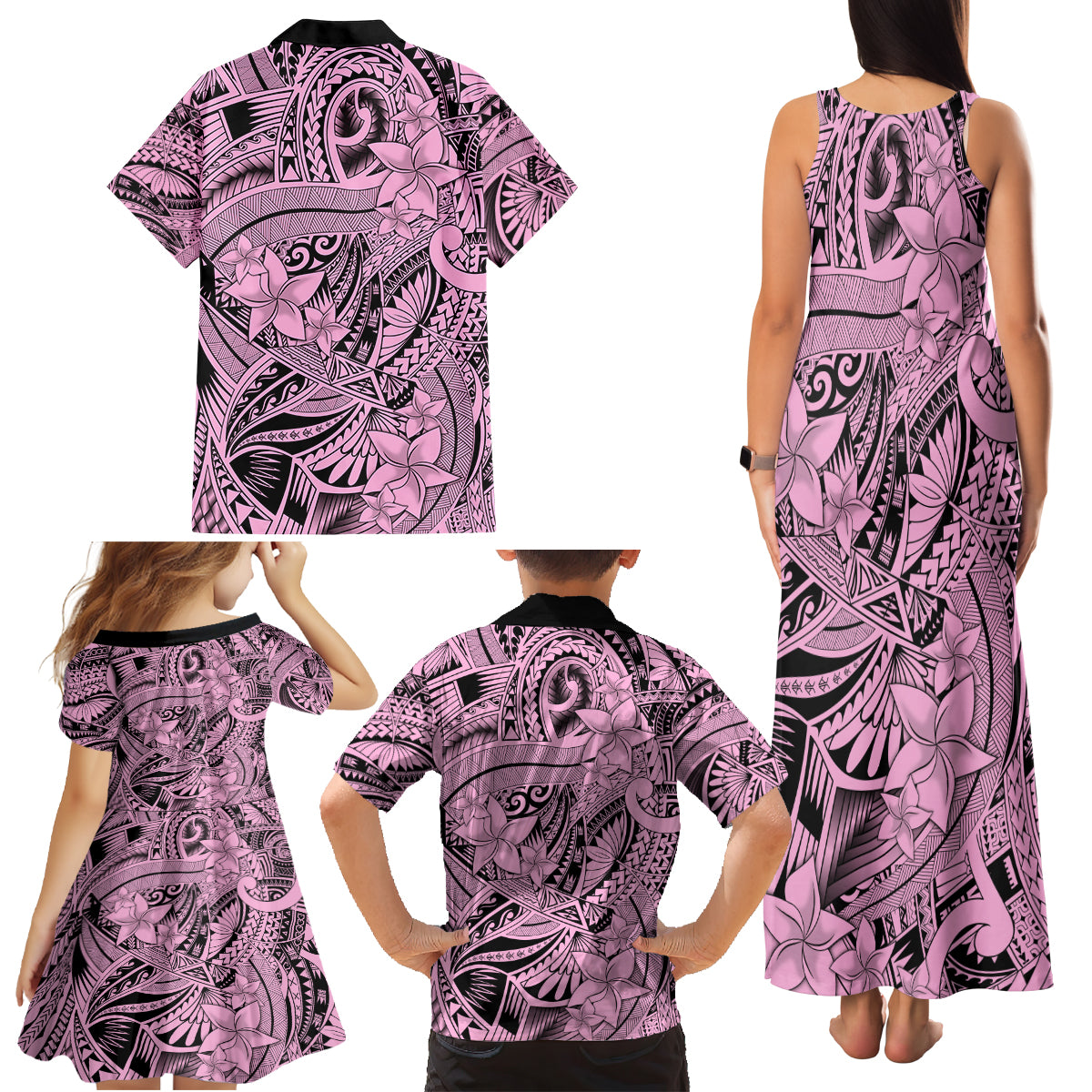 Polynesia Family Matching Tank Maxi Dress and Hawaiian Shirt Tribal Polynesian Spirit With Pink Pacific Flowers - Wonder Print Shop