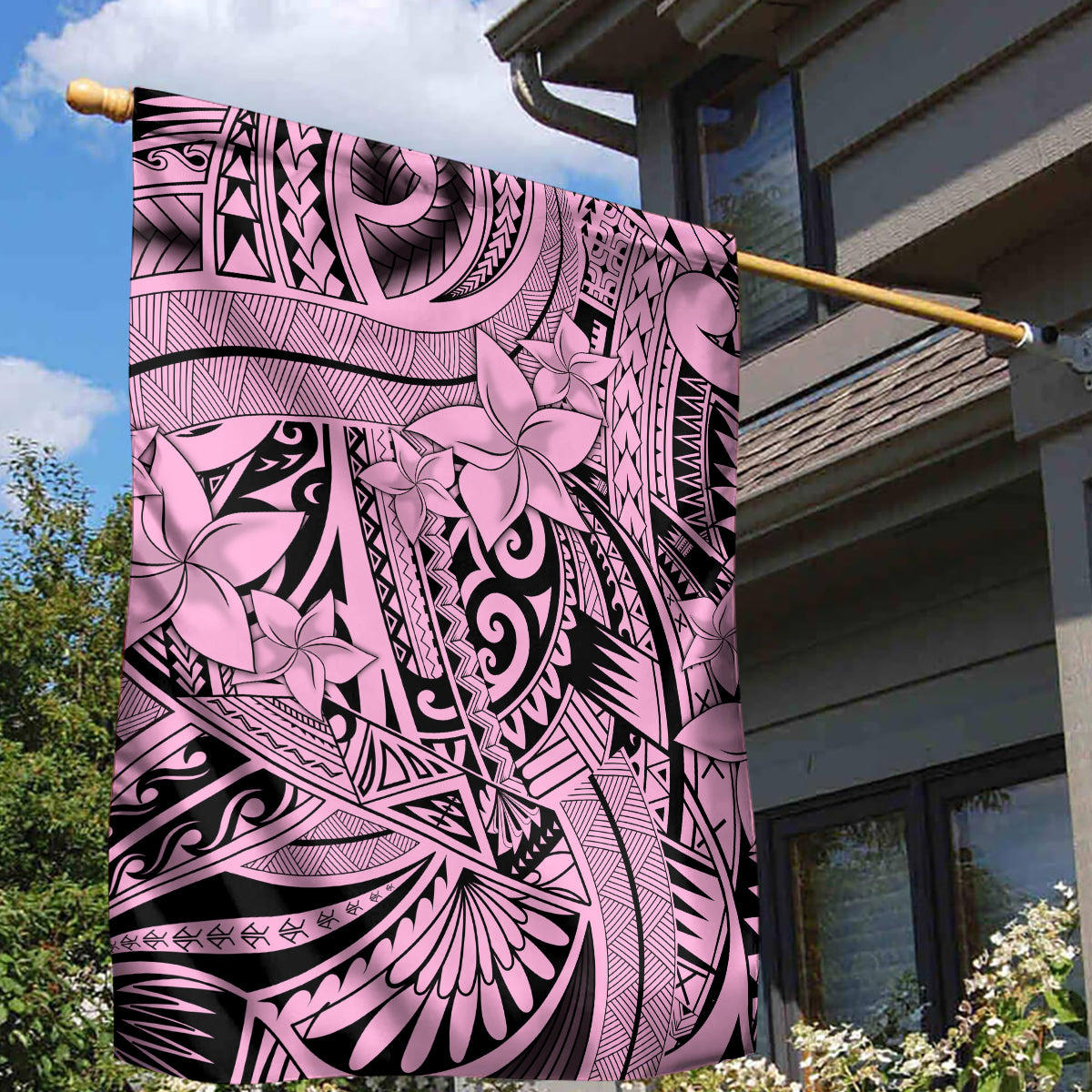 Polynesia Garden Flag Tribal Polynesian Spirit With Pink Pacific Flowers - Wonder Print Shop